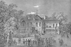 Holzhaus vor dem Glaspalast