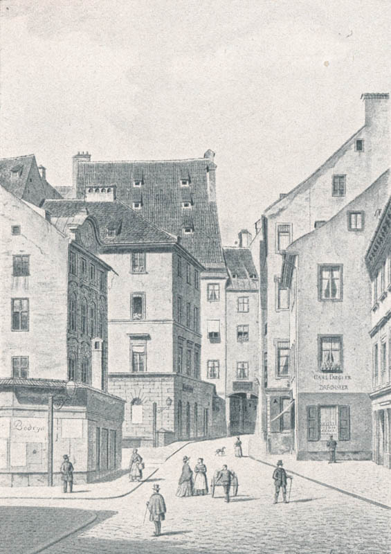 Die „Lederergasse“ mit Schlichtinger-Bogen. 1889