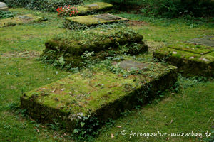 Vermooste Grabsteine auf dem Waldfriedhof