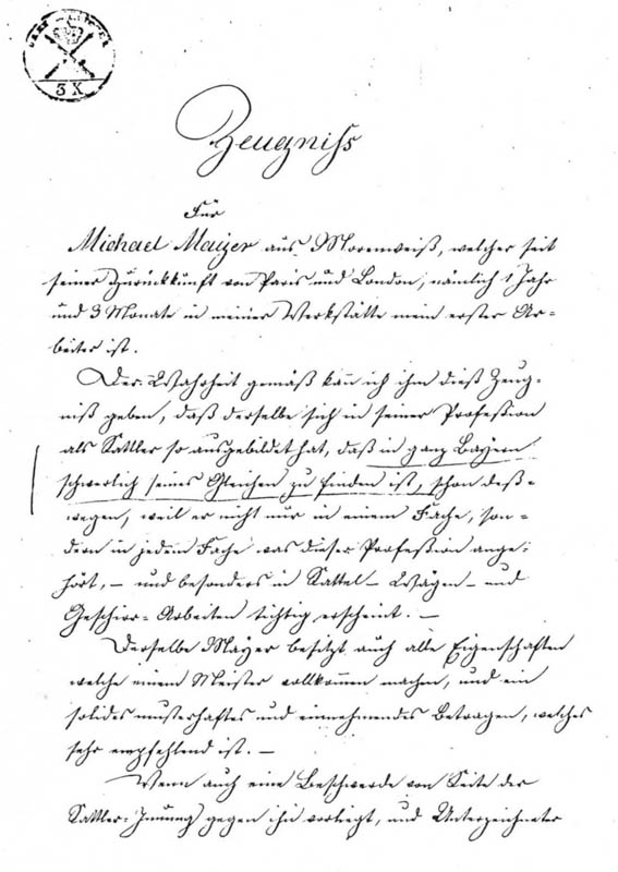 Zeugnis - Johann Michael Mayer