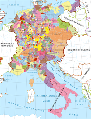 Historische Karte: Das Heilig Römisches Reich zur Zeit der späten Staufer